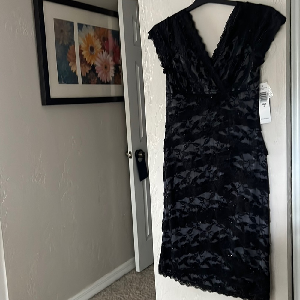 Helene Blake Black Embellished Lace V-Neck Dress